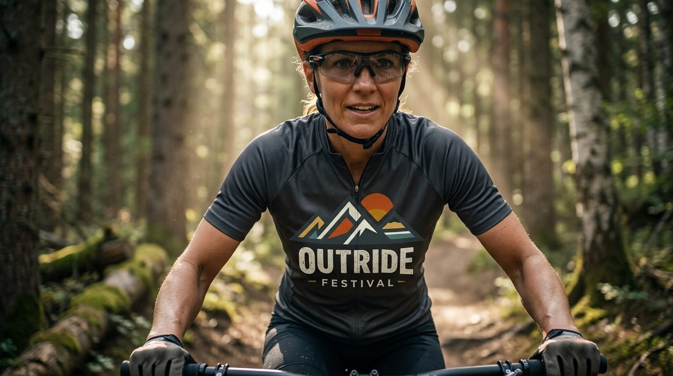 Woman riding the forest trail in OutRide kit